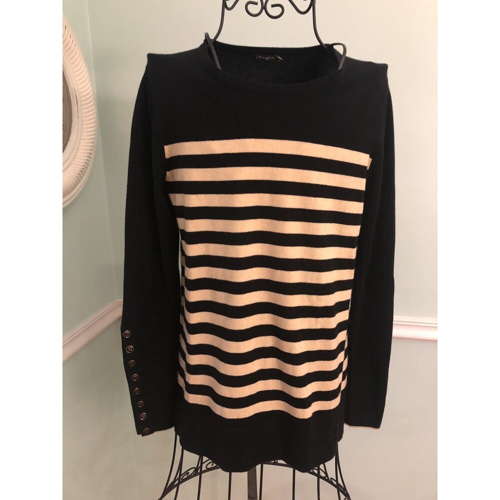 J. Mclaughlin XS Black Tan Striped Boat Neck Button Sleeve Sweater Top‎